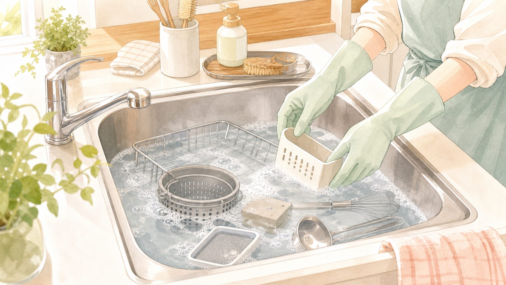キッチン小物とシンクをつけ置き掃除する初心者向けのイラスト