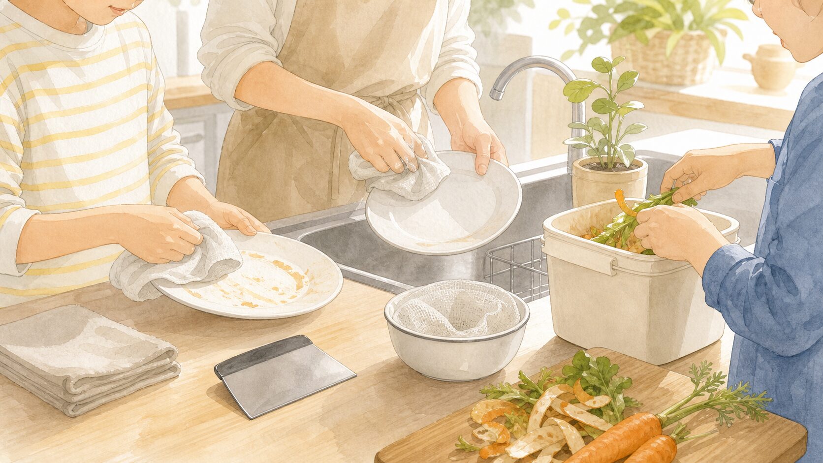 家族で食器の汚れを拭き取り野菜くずを分けるイラスト