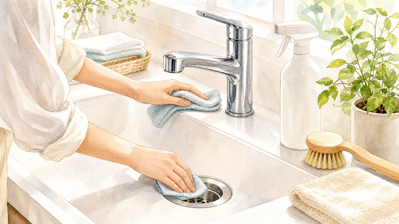 水まわりの蛇口や排水口を軽く拭き掃除するイラスト