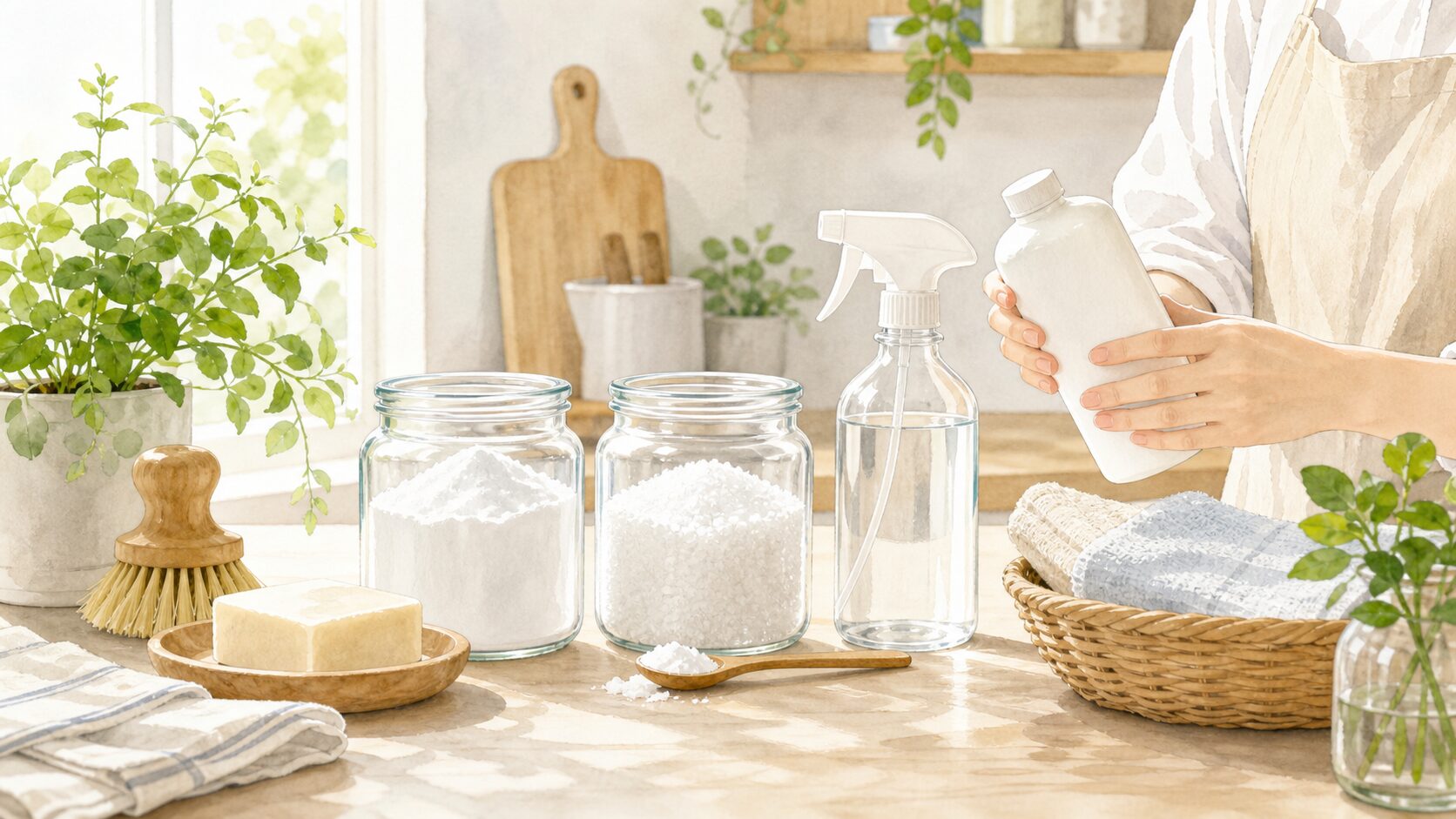 重曹やクエン酸などのナチュラル洗剤をキッチンに並べたイラスト