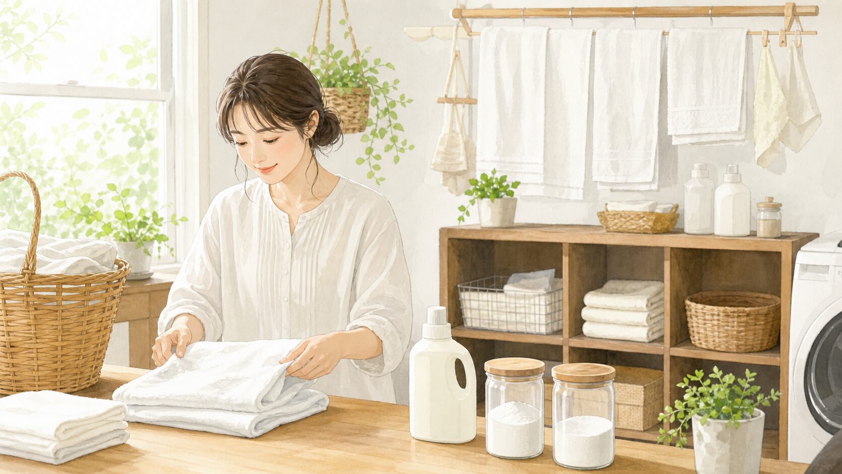 ランドリーまわりでナチュラル洗剤を無理なく使う暮らしのイラスト