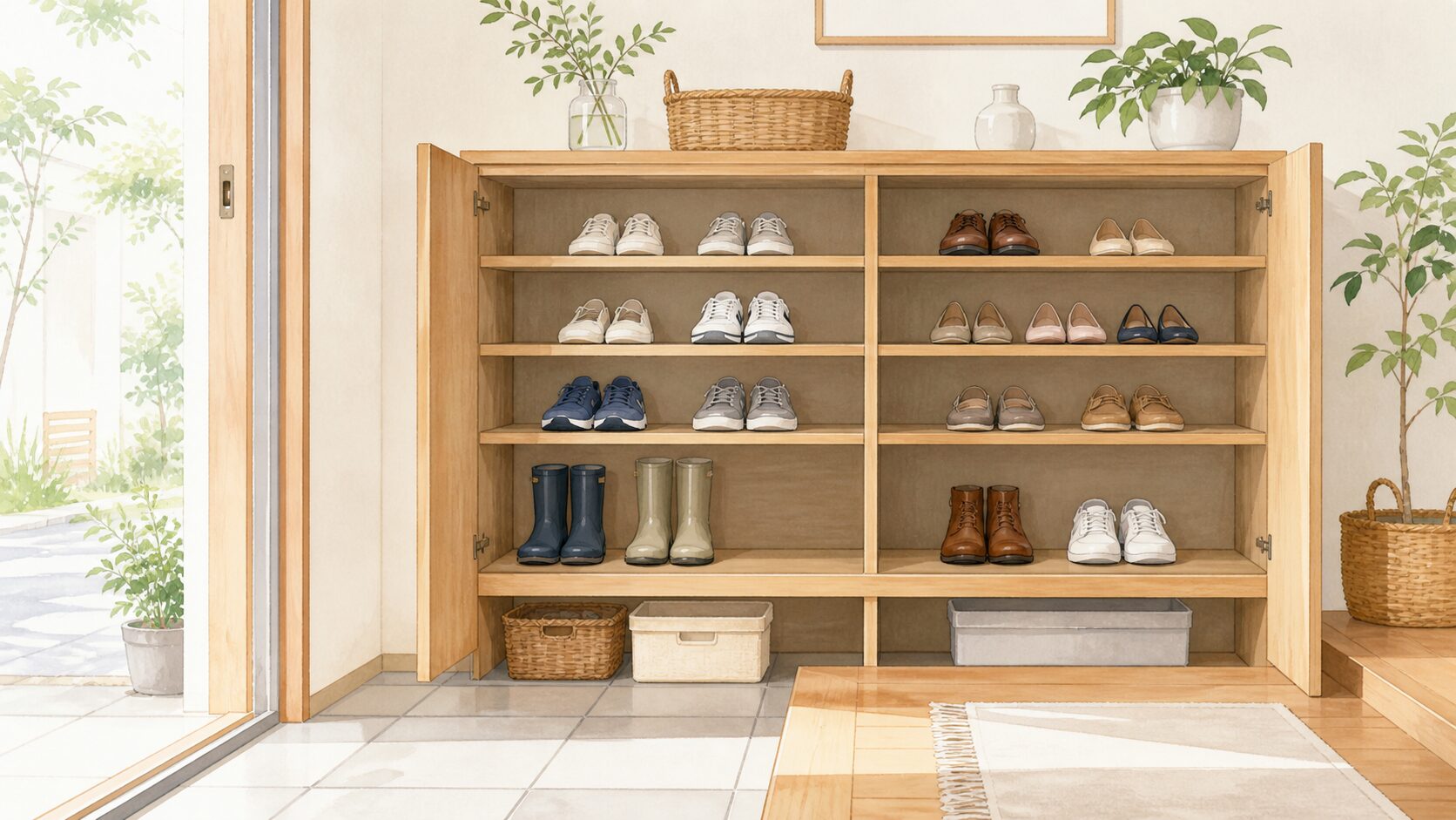 余白を残して靴を整えた明るい玄関収納のイラスト