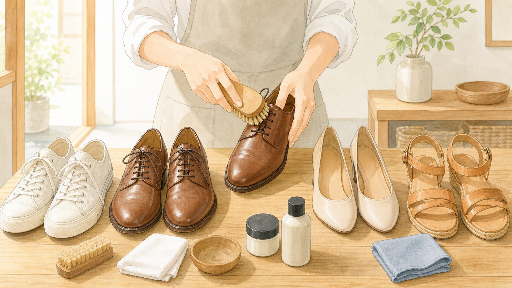 スニーカーや革靴など靴の種類に合わせて手入れするイラスト