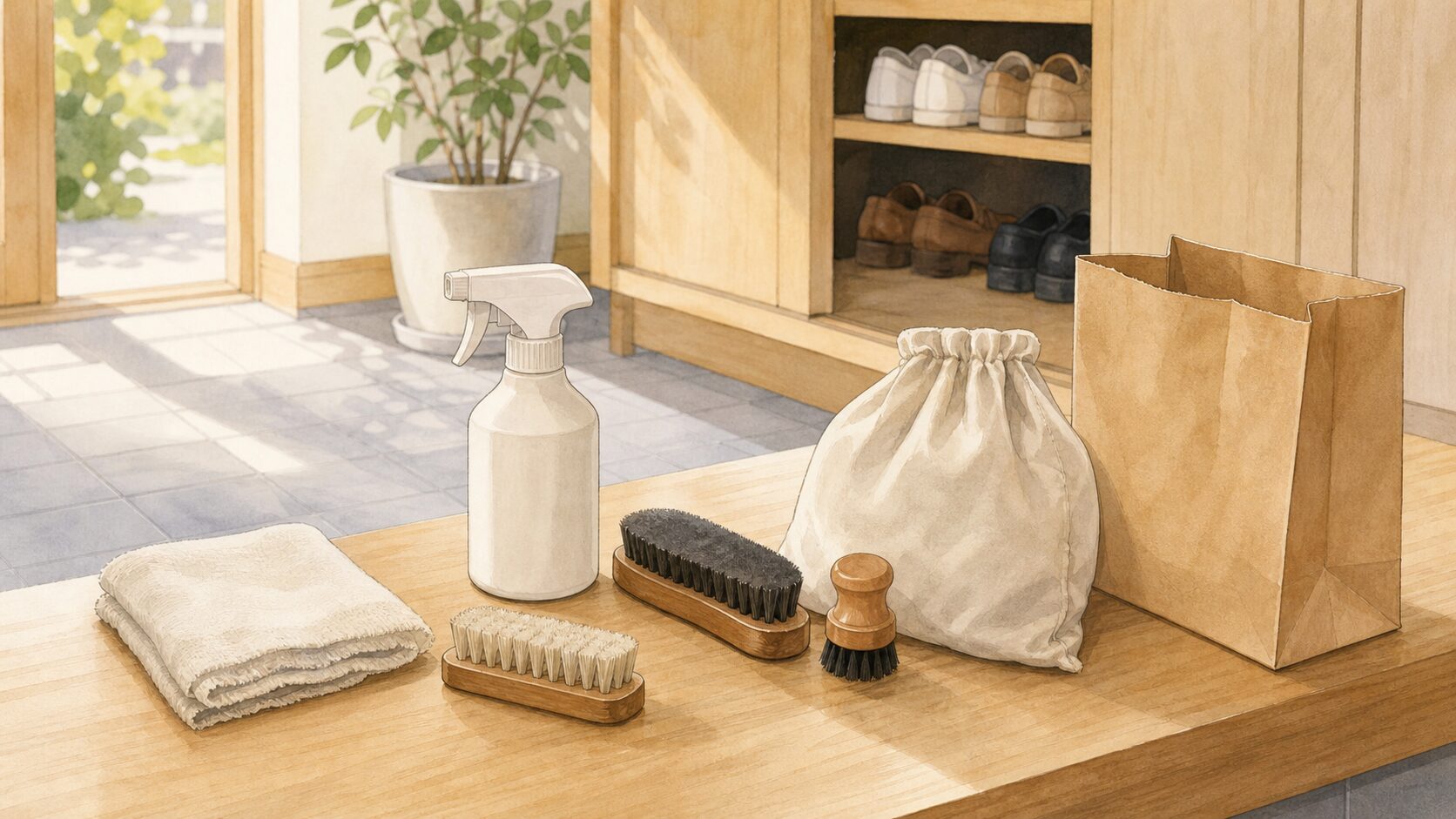 下駄箱リセットのための掃除用品と靴ケア用品を玄関に並べたイラスト
